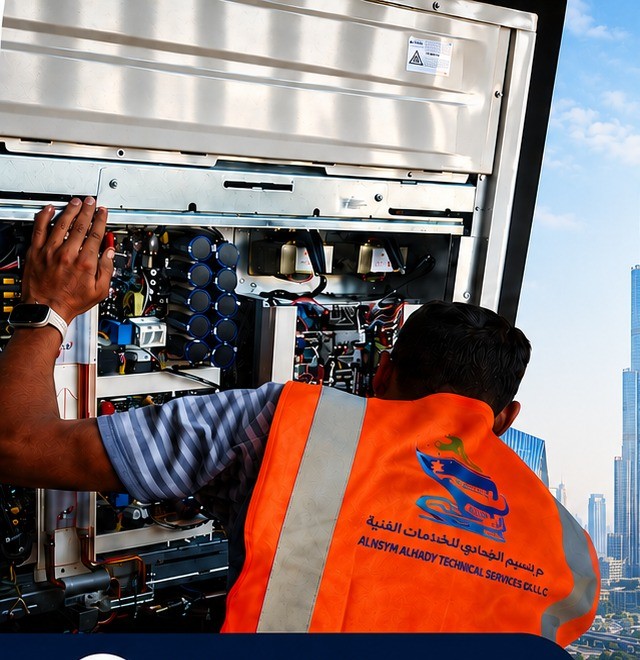 ALNSYM ALHADY Technical Services engineer servicing a chiller control panel on a Dubai rooftop with the Burj Khalifa skyline in the background