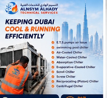 ALNSYM ALHADY technician servicing a rooftop chiller unit with Dubai skyline — keeping Dubai cool and running efficiently