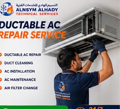 ALNSYM ALHADY technician repairing a ductable AC unit — ductable AC repair, duct cleaning, installation, maintenance, air filter change